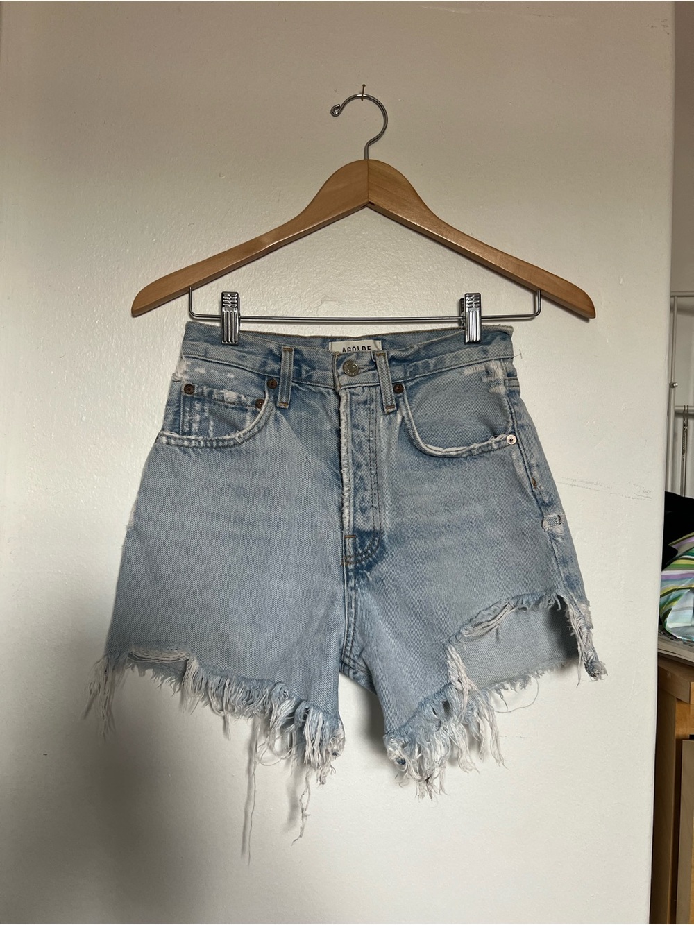 Agolde Riley Light Blue Distressed High-Rise Denim Shorts